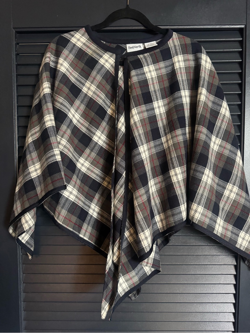 BonWorth Plaid Cape Poncho Navy Gray Cream One Size
